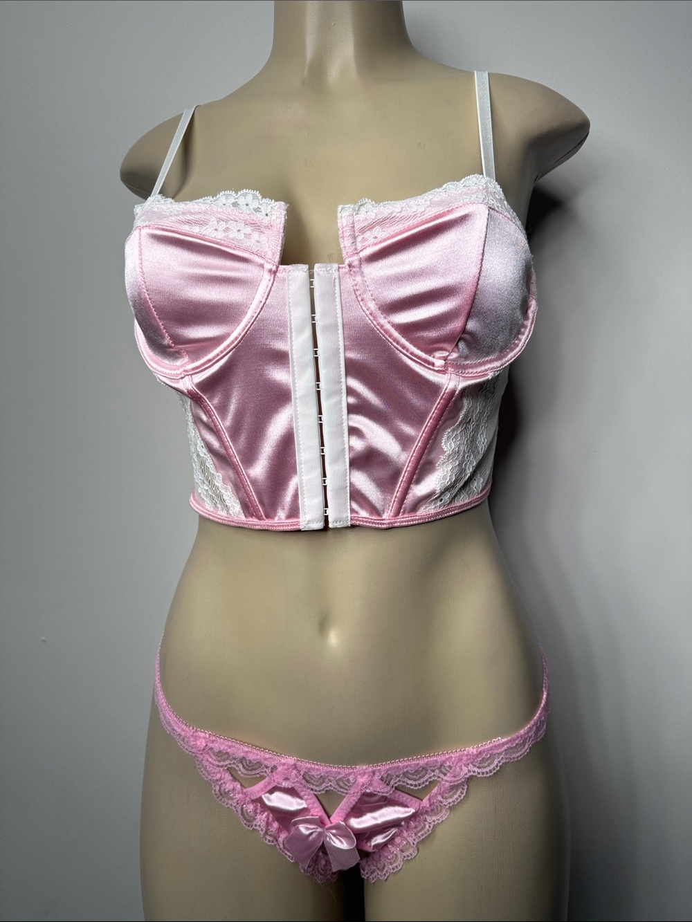 SHEIN Pink Satin Lace Longline Bustier Set